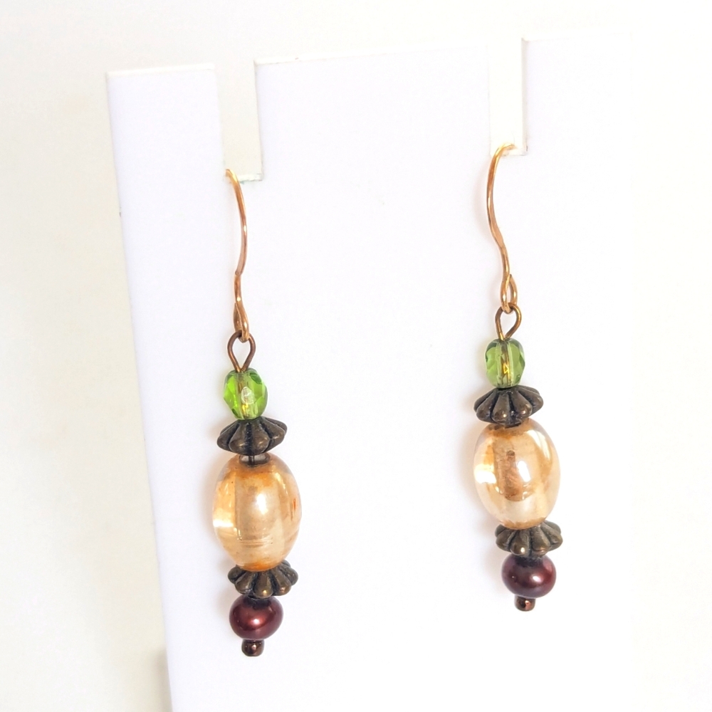 Artisan Handmade Gold Tone Glass Beaded Dangle Hook Boho Artsy Earrings
